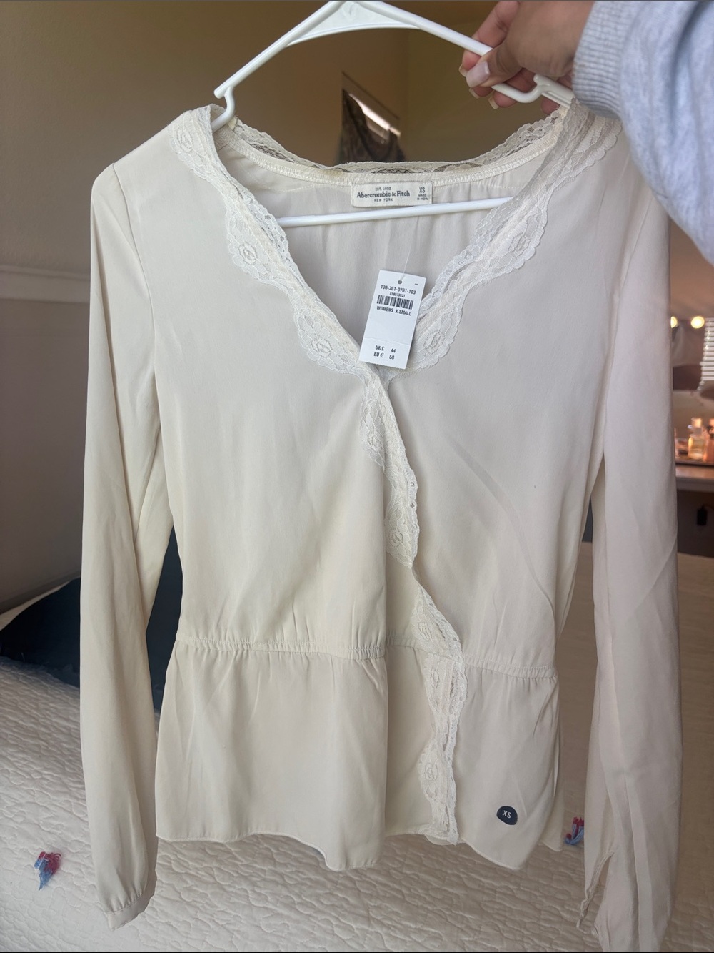 Abercrombie & Fitch Cream Lace-Trim Long Sleeve Top